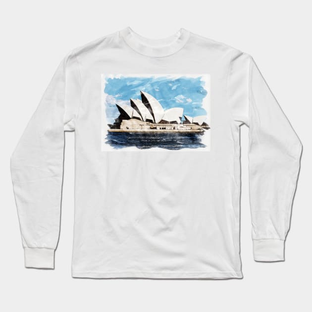 Sydney Australia Aussie Opera House Waterfront Watercolour Travel Wanderlust Painting Long Sleeve T-Shirt by Naumovski